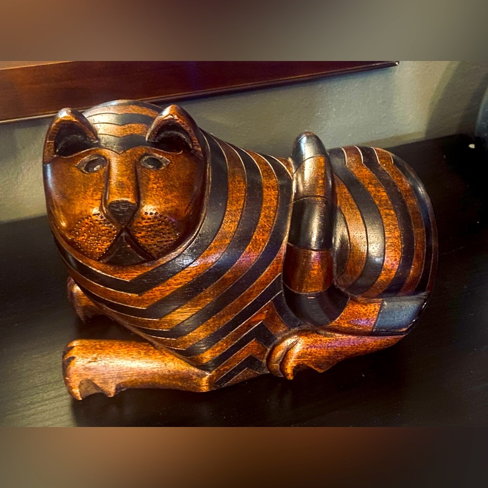 Carved Mahogany Cat with Secret Compartment